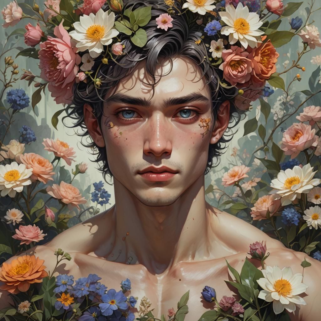 Floral Adorned Man: Hyperdetailed Portrait