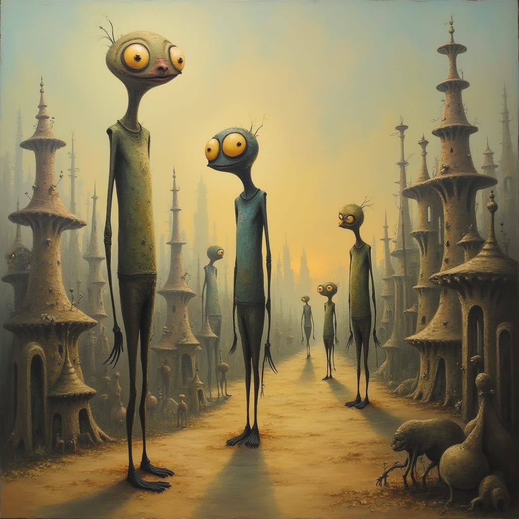 Surreal Dreamscape Oil Painting with Elongated Figures