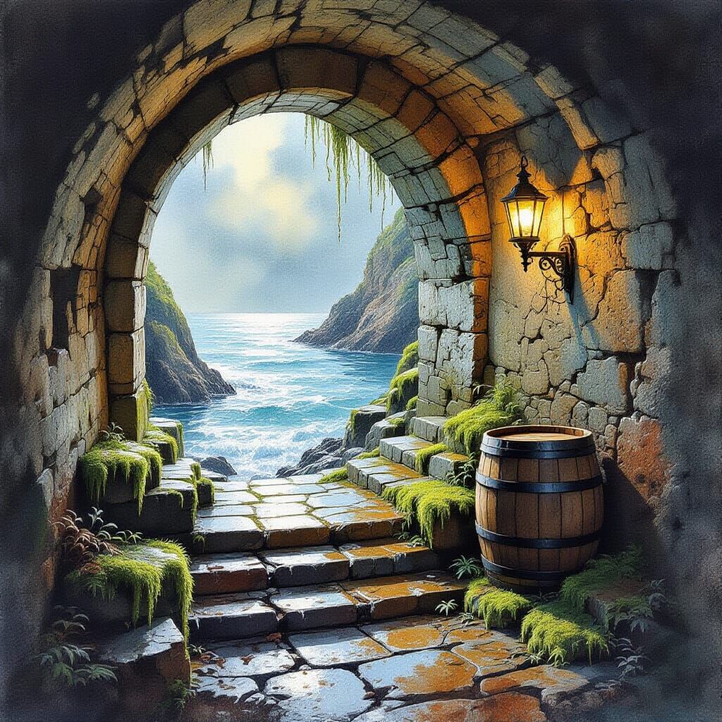 Cave Opening to Sea with Stone Steps, Watercolor Drips