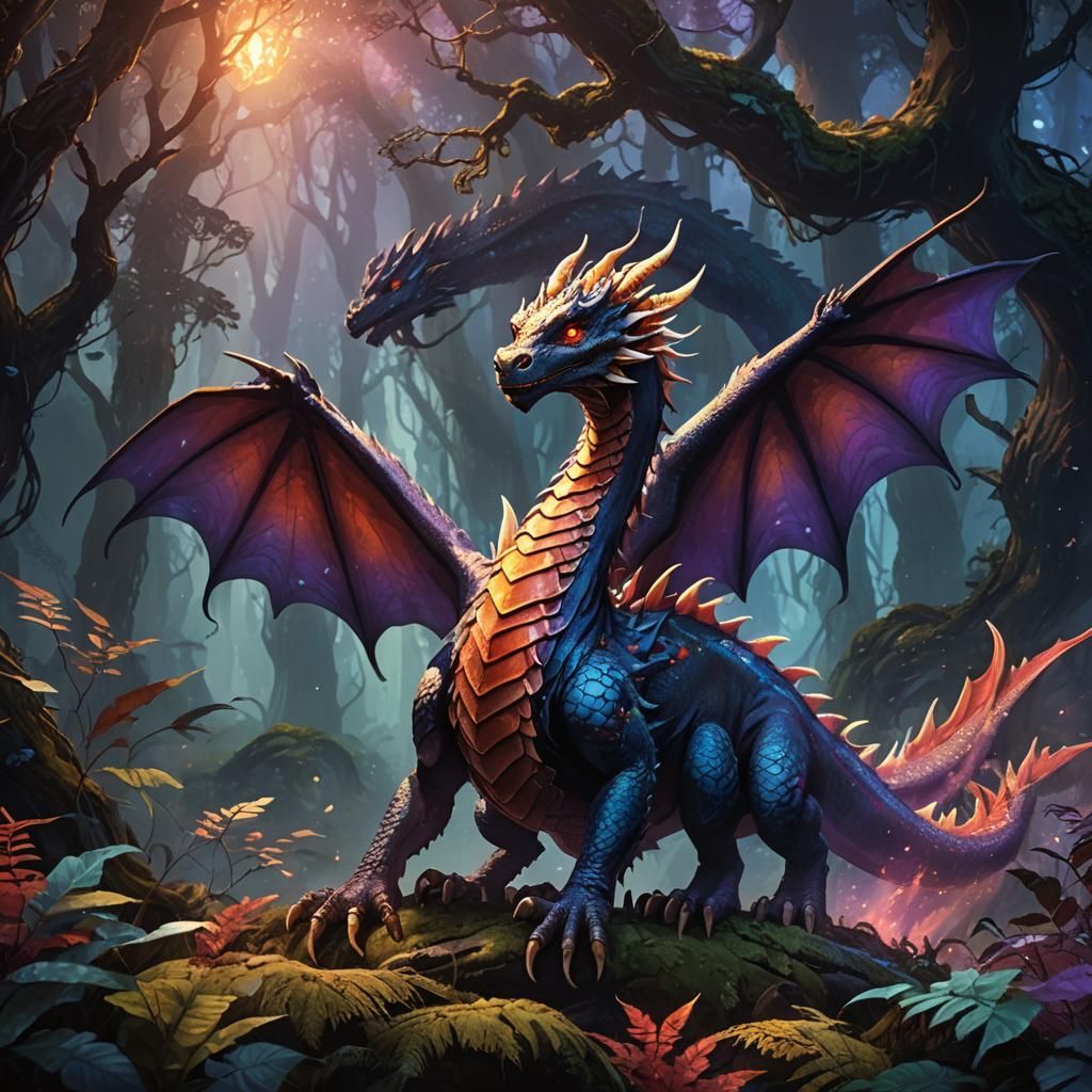 Young Dragon in Dark Mystical Forest with Vibrant Red Scales