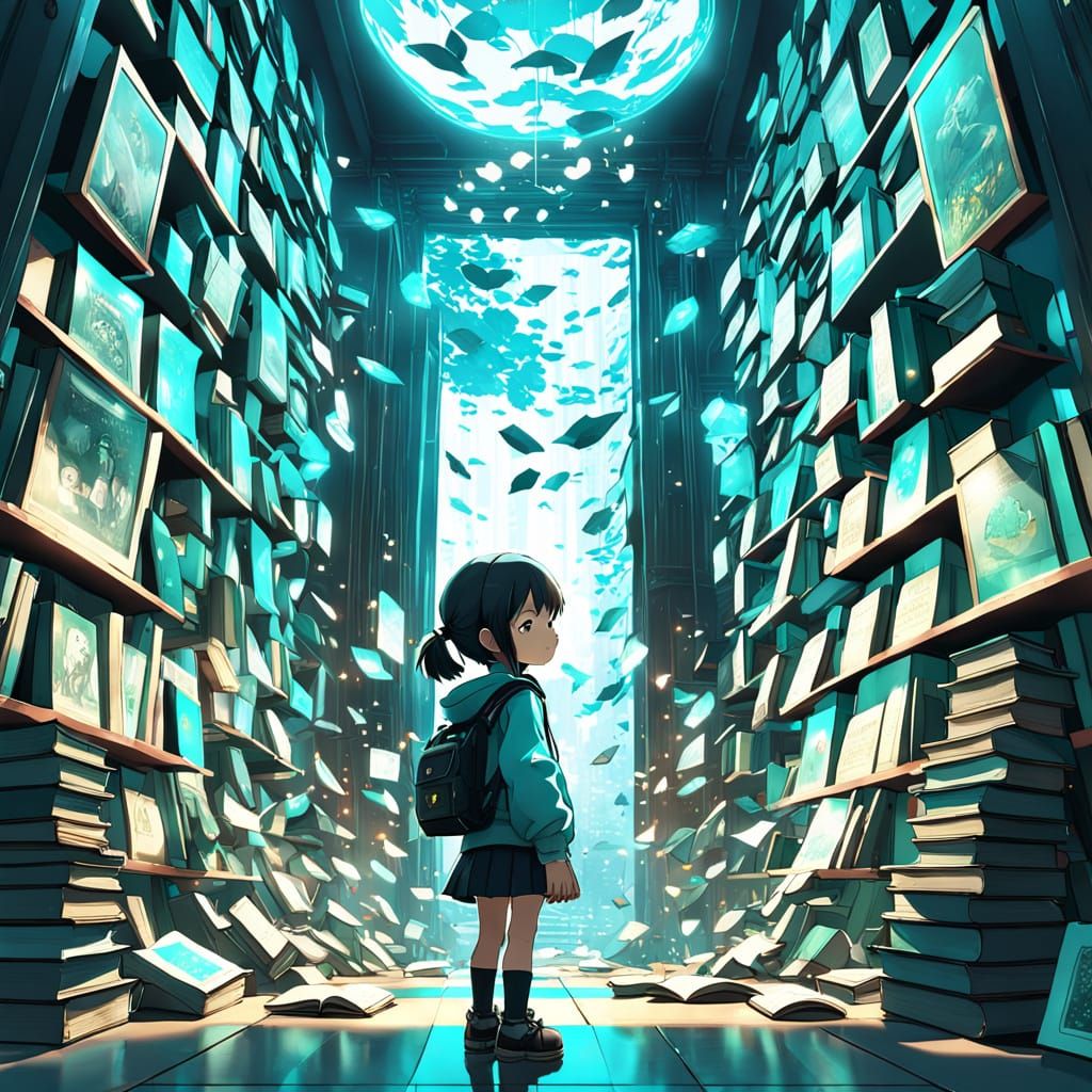 Dreamy Surreal Scene: Child and Glowing Memory Walls