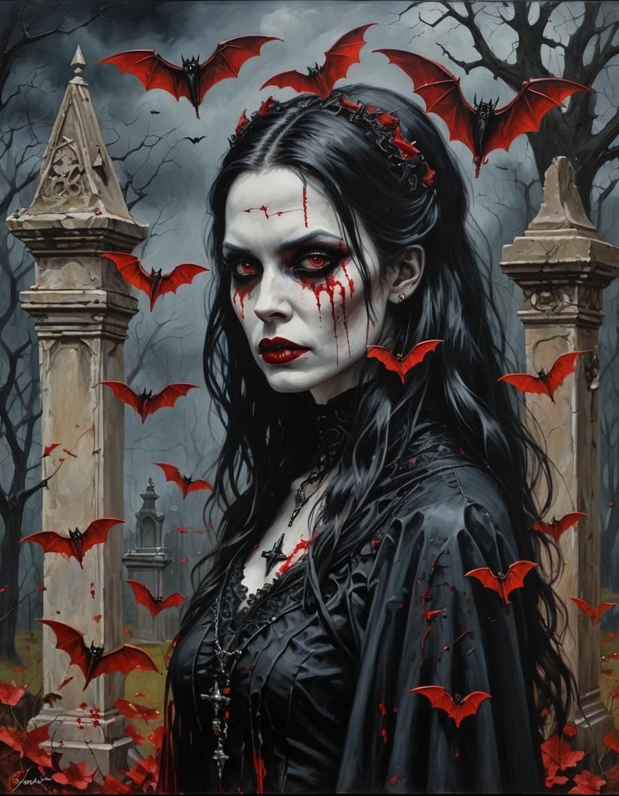 Gothic Vampire Countess Portrait in Oil Painting Style