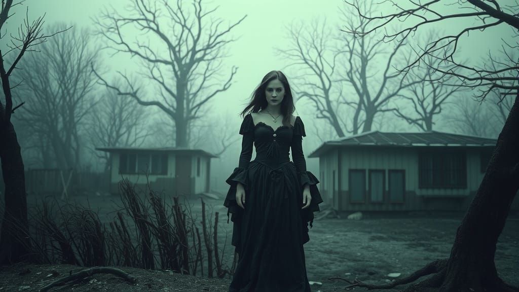 Ethereal Woman in Abandoned Landscape, Gothic Style