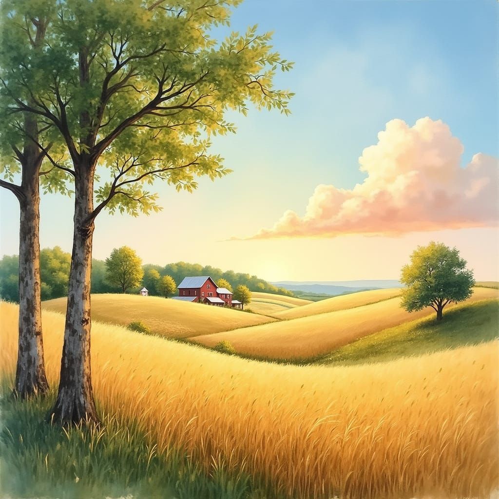Peaceful Watercolor Farm Landscape at Dawn