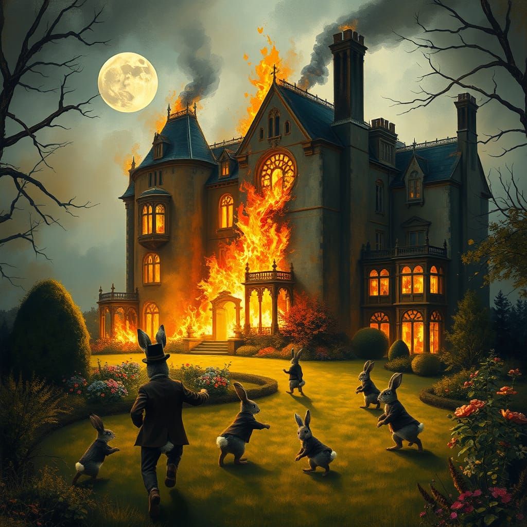 Surreal Manor House Ablaze with Whimsical Rabbits