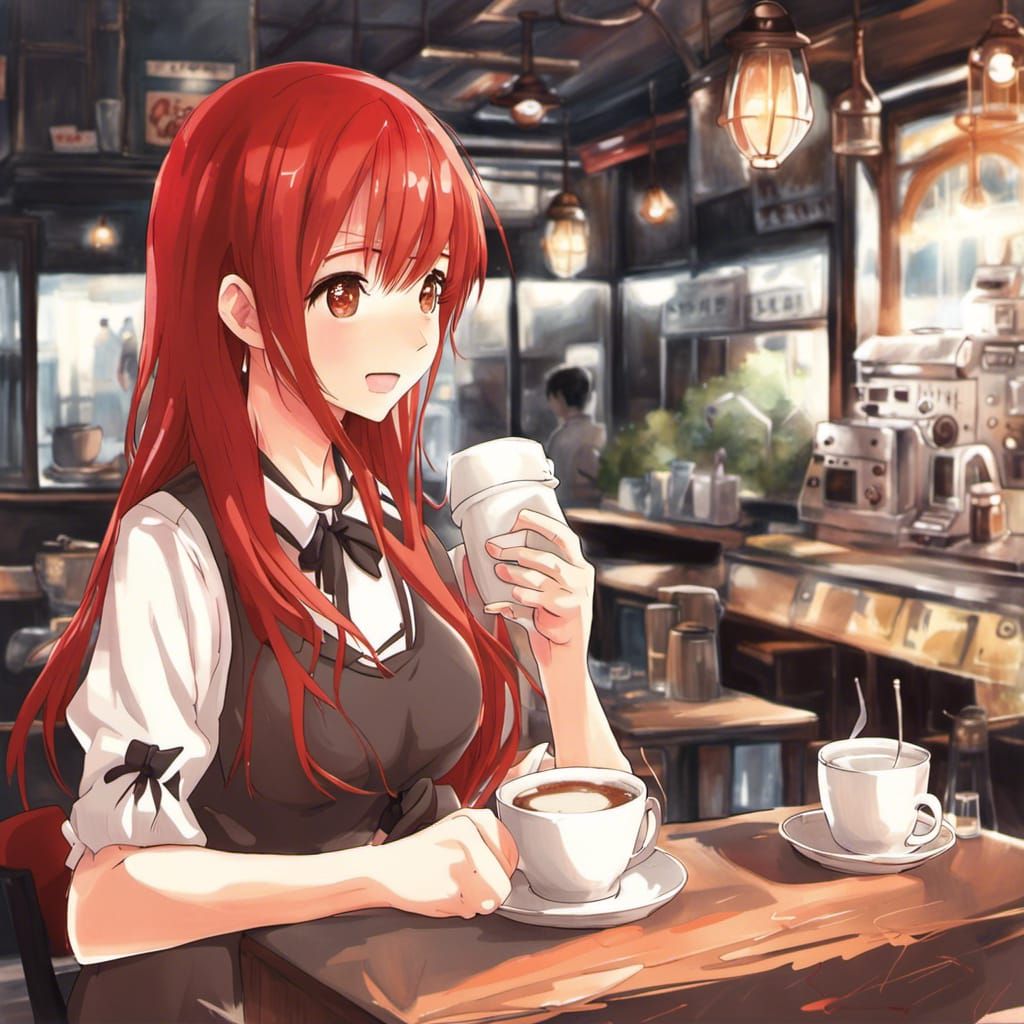 Anime Style: Red Hair Girl at Cafe with Coffee