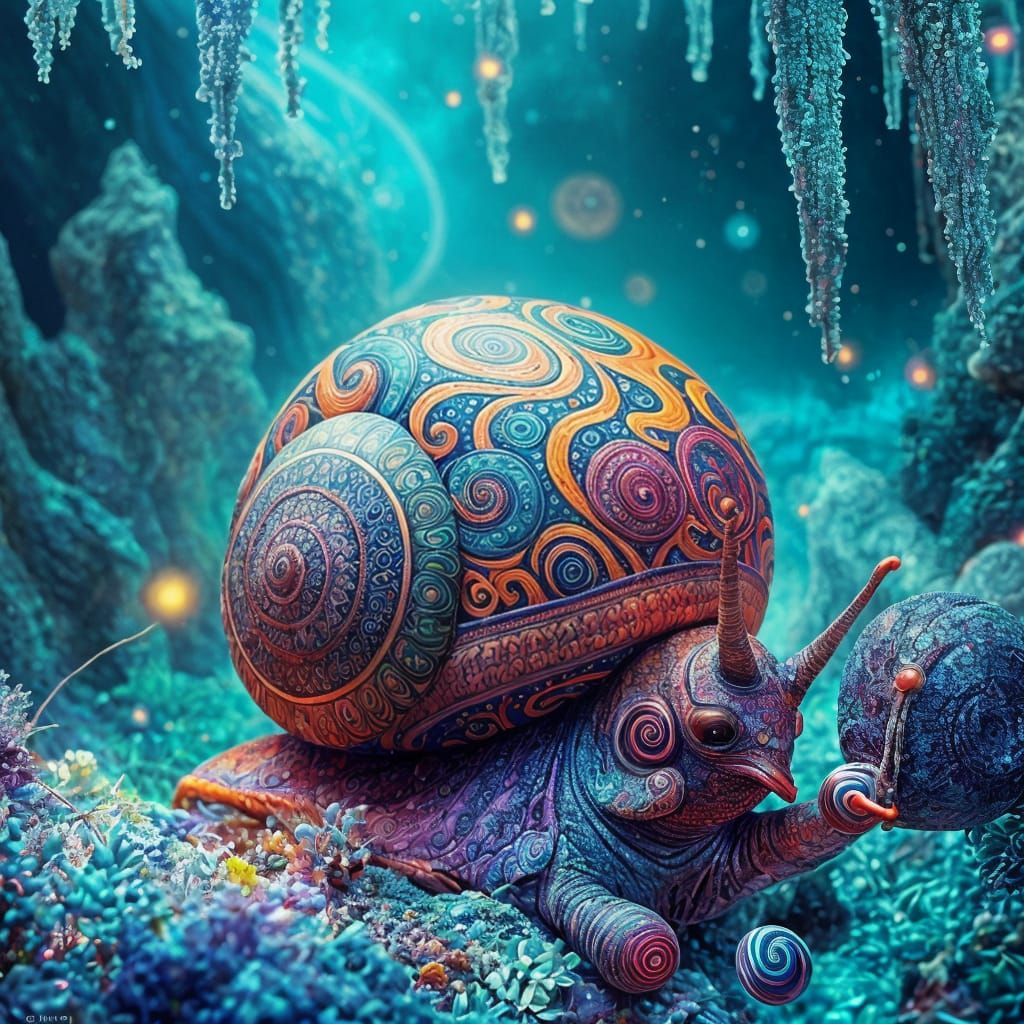 Psychedelic Snail Dreamlike Illustration in Vibrant Hues