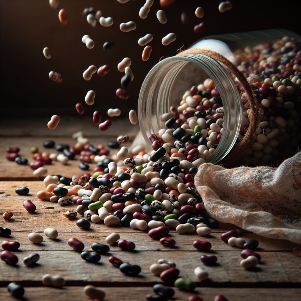 Overturned Jar of Multicolored Beans on Rustic Table