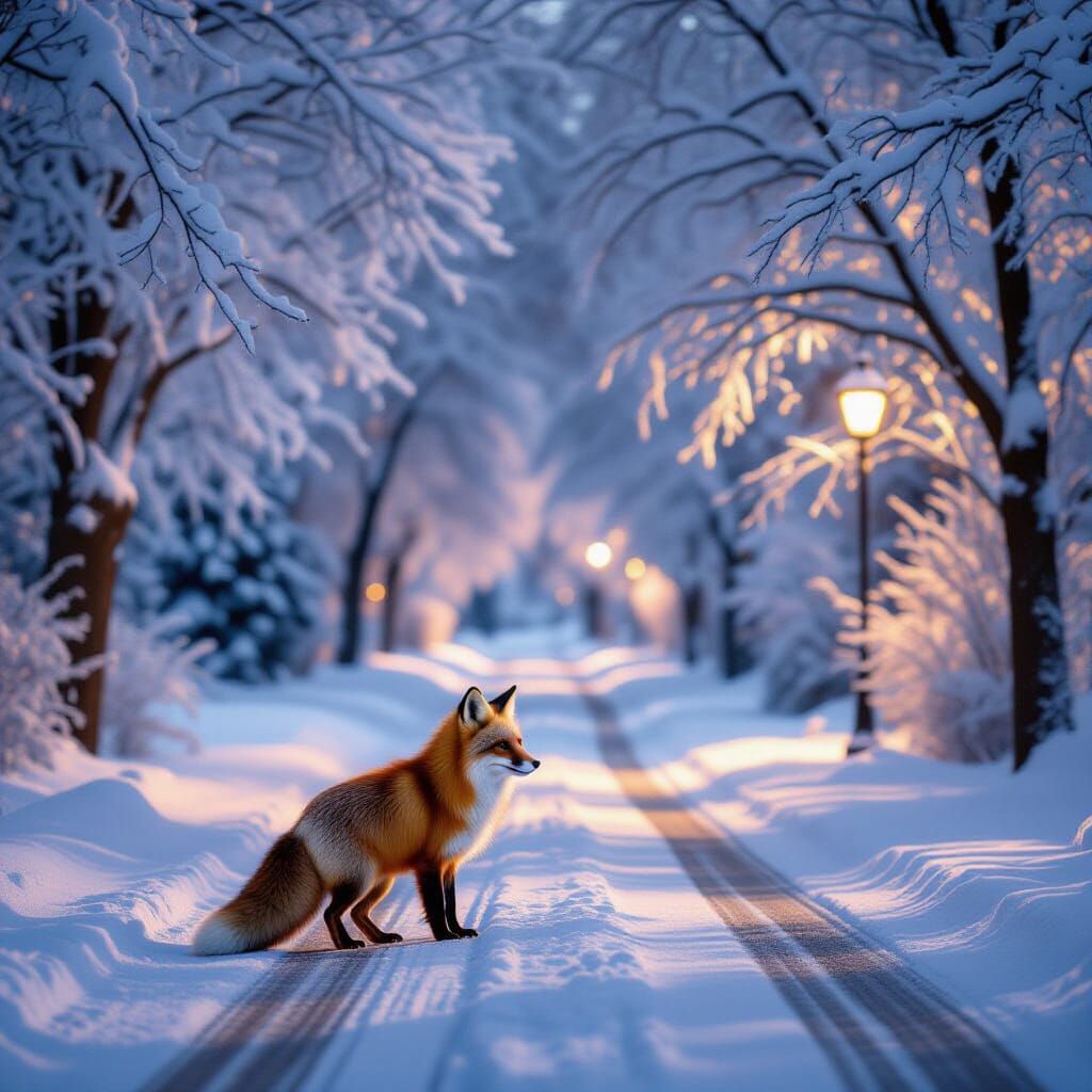 Red Fox Stands Alert on Snowy Avenue in Amber Light