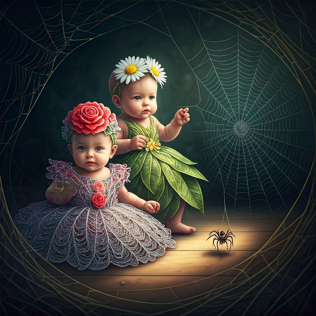 Babies Admire Spider Sculptor in Tonalist Airbrush Art