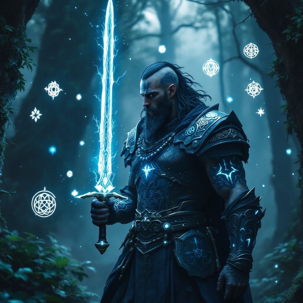 Celtic Warrior in Enchanted Forest with Mystical Energy