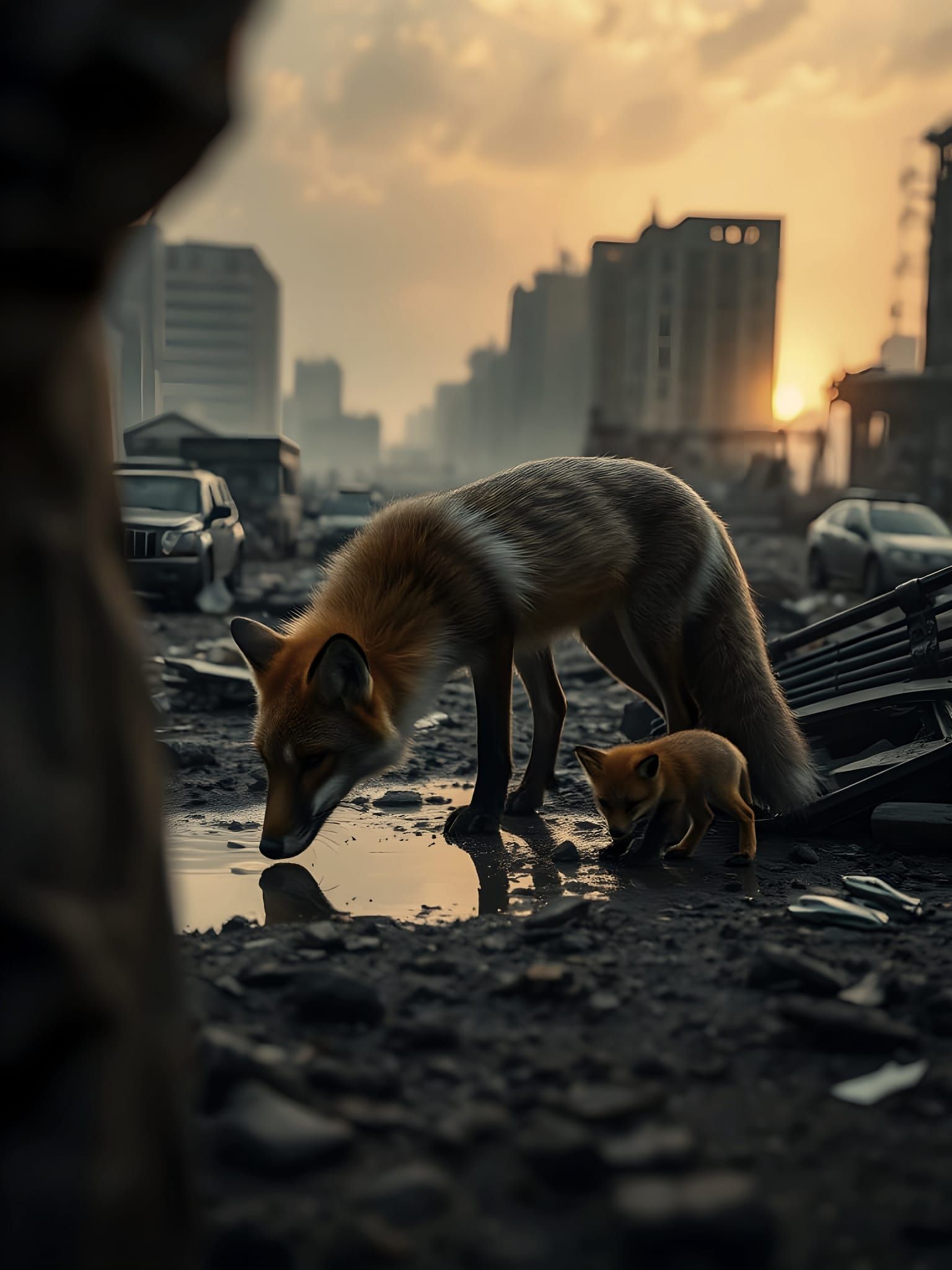 Glowing Fox Surveys Ruined Cityscape at Dawn