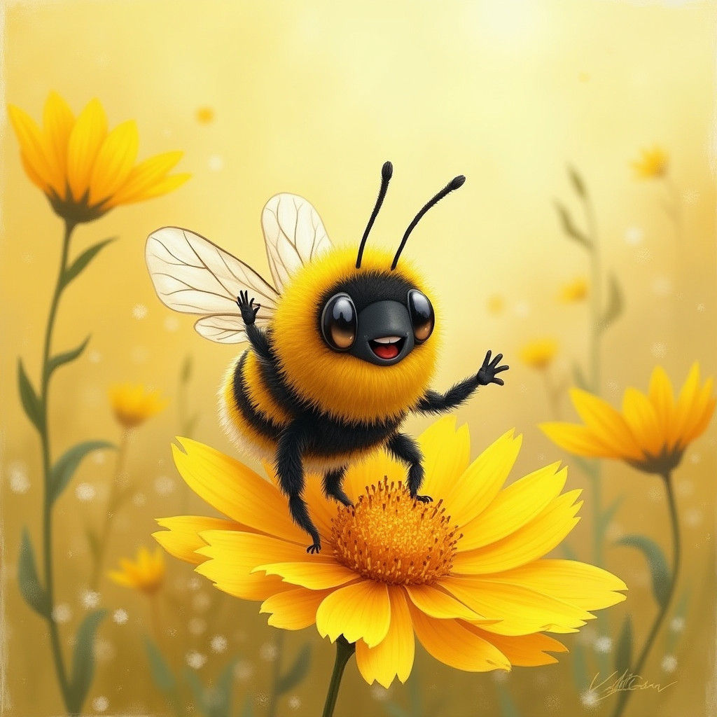 Cheerful Bumble Bee Waving Hello in Meadow