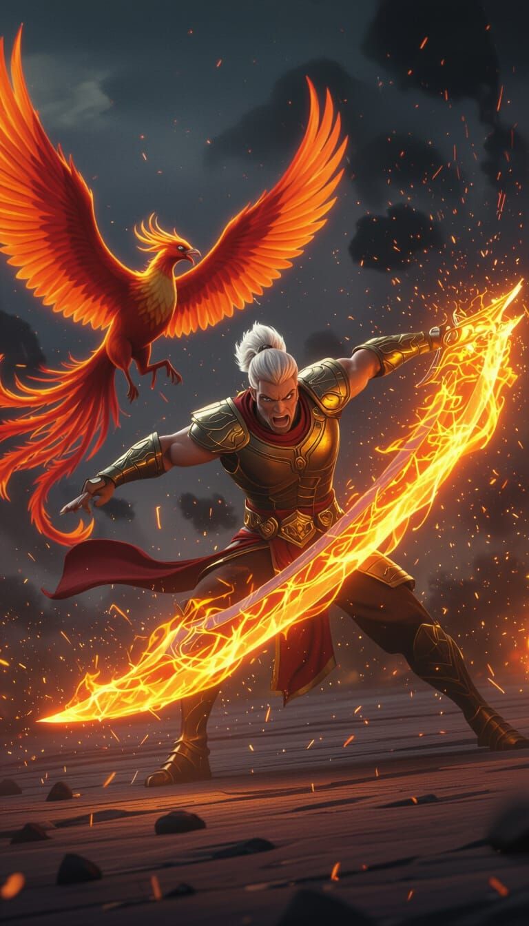 Hero Agnivar Slaying Demon with Phoenix Blade