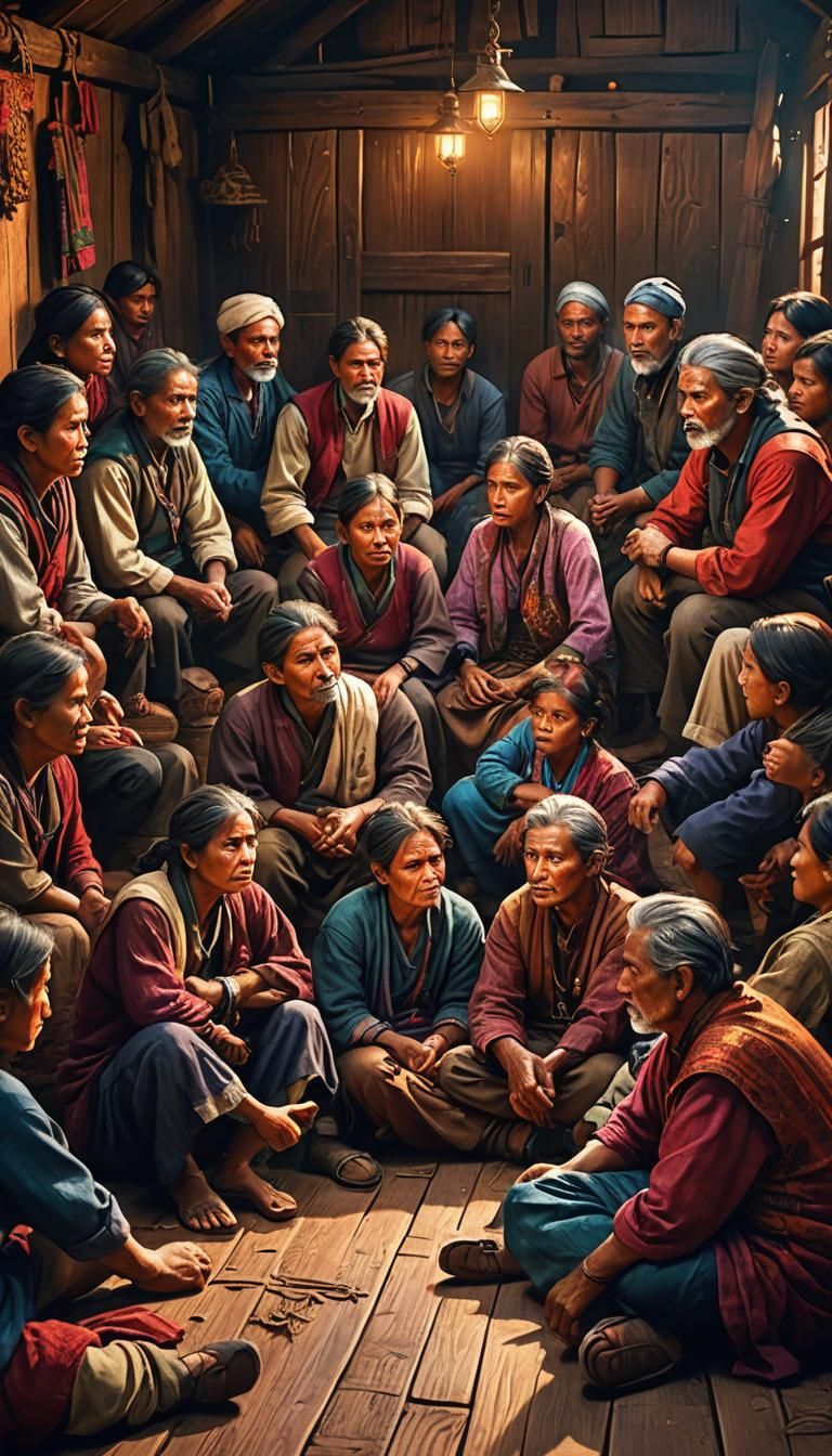 Intense Village Meeting in Hyperrealistic Style