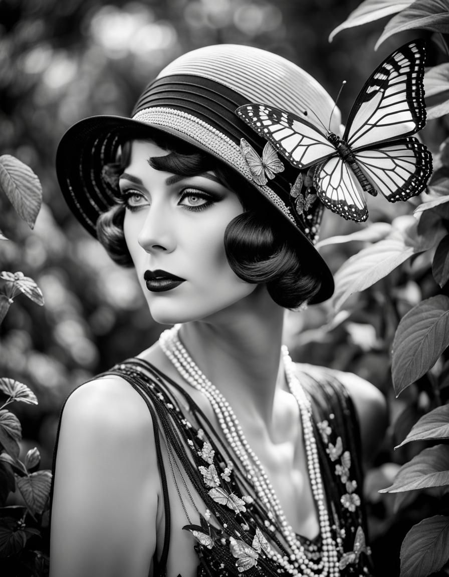 Elegant 1920s Flapper Portrait in Art Deco Garden