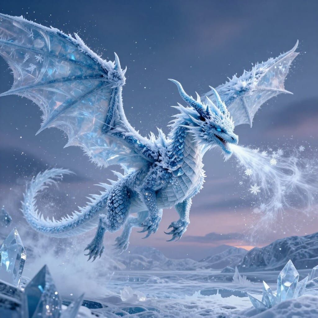 Majestic Ice Dragon Soars Through Twilight Sky