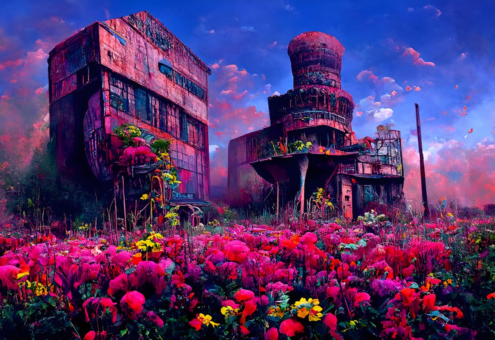 Surreal Cyberpunk Building with Overgrown Garden