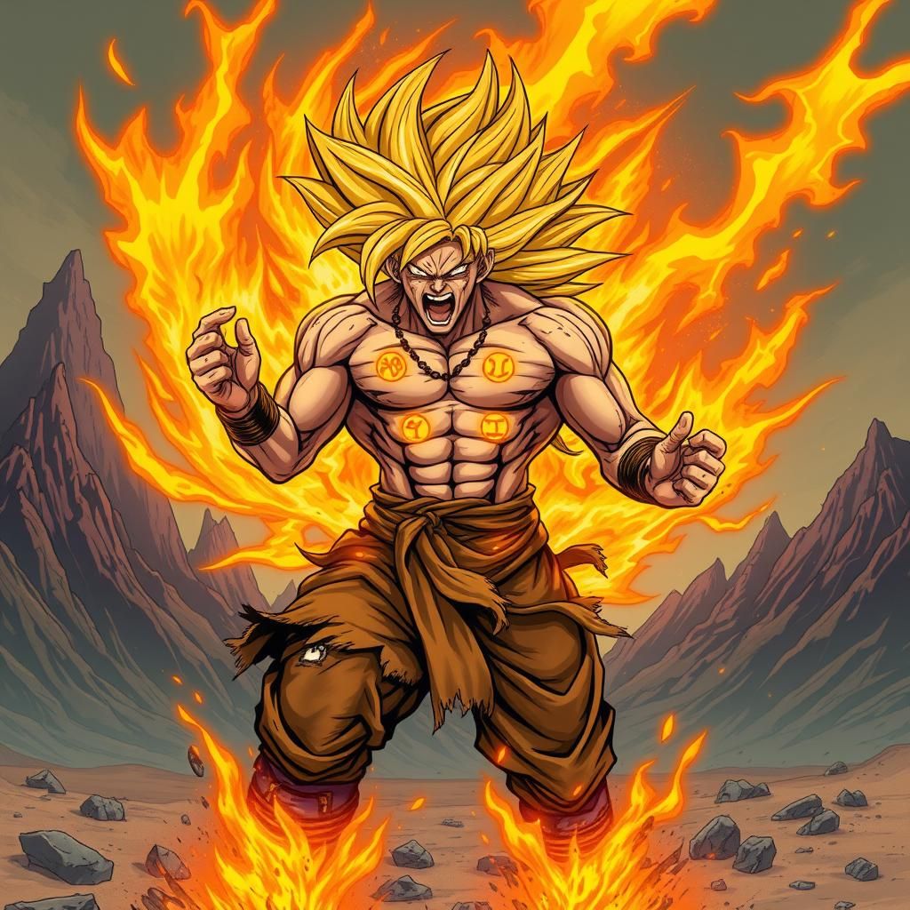 Furious Warrior with Yellow Hair in Woodcut Style