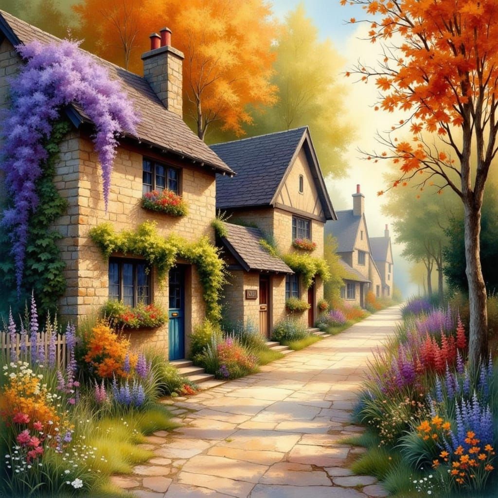 Quaint English Village in Autumn Light