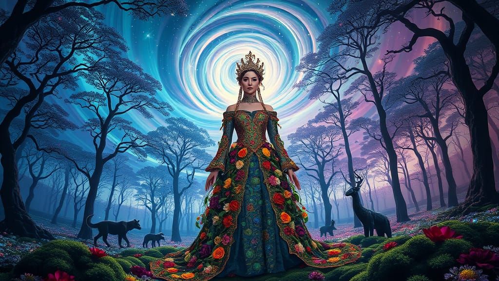 Woman in Floral Gown in Bioluminescent Forest