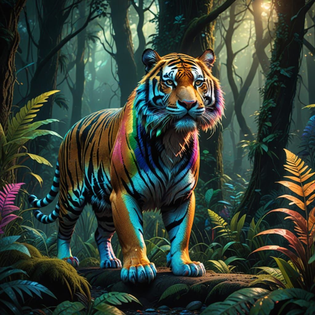 Rainbow Feathered Tiger Stalks Enchanted Forest