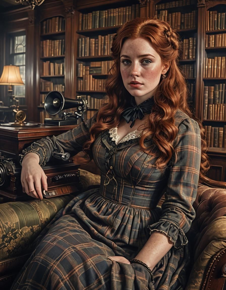 Victorian Woman Listening to Phonograph in Library