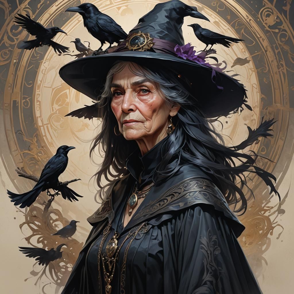 Elegant Raven Witch Portrait in Hyperdetailed Digital Art