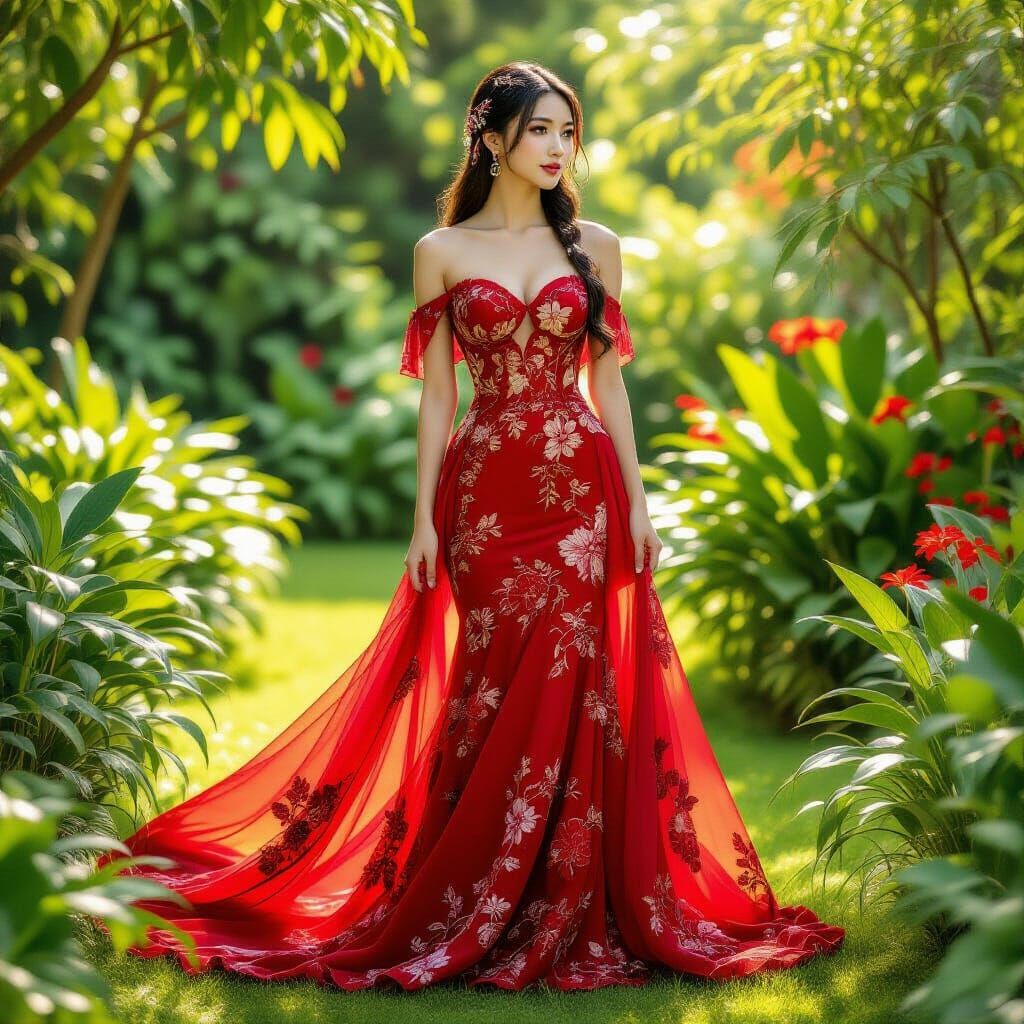 Asian Woman in Red Gown in Lush Garden