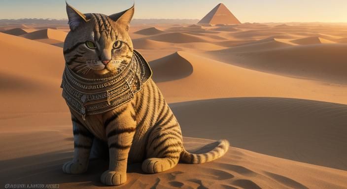 Egyptian Desert Panorama with Sandstone Cat Statue