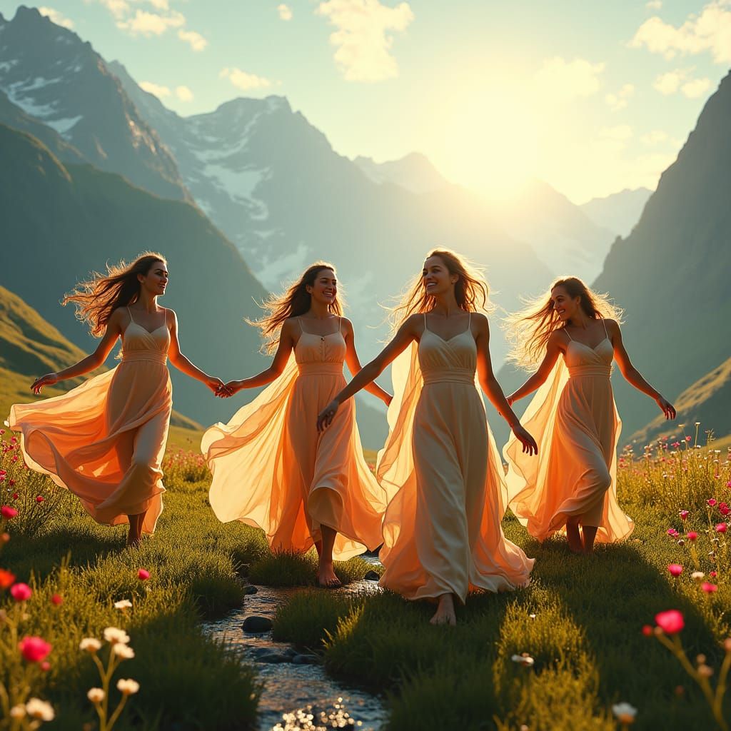 Furies Dancing in Meadow, Dreamlike Concept Art