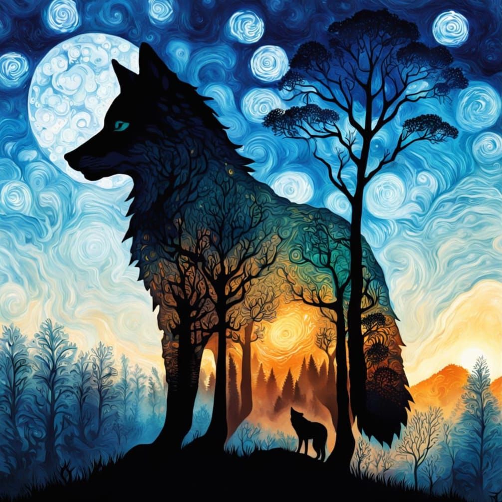 Wolf Silhouette Filled With Forest Scene Under Starry Sky