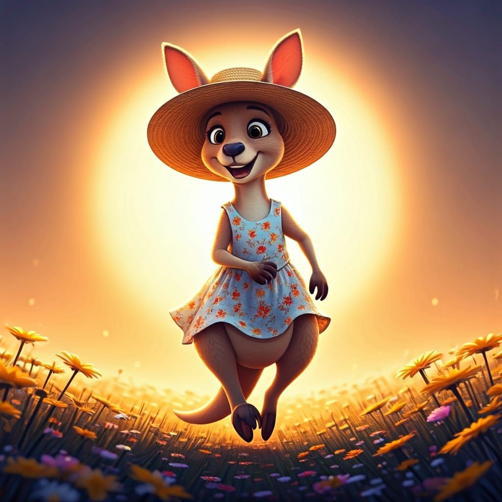 Kangaroo in Sundress Skipping Through Wildflowers, 3D Digita...