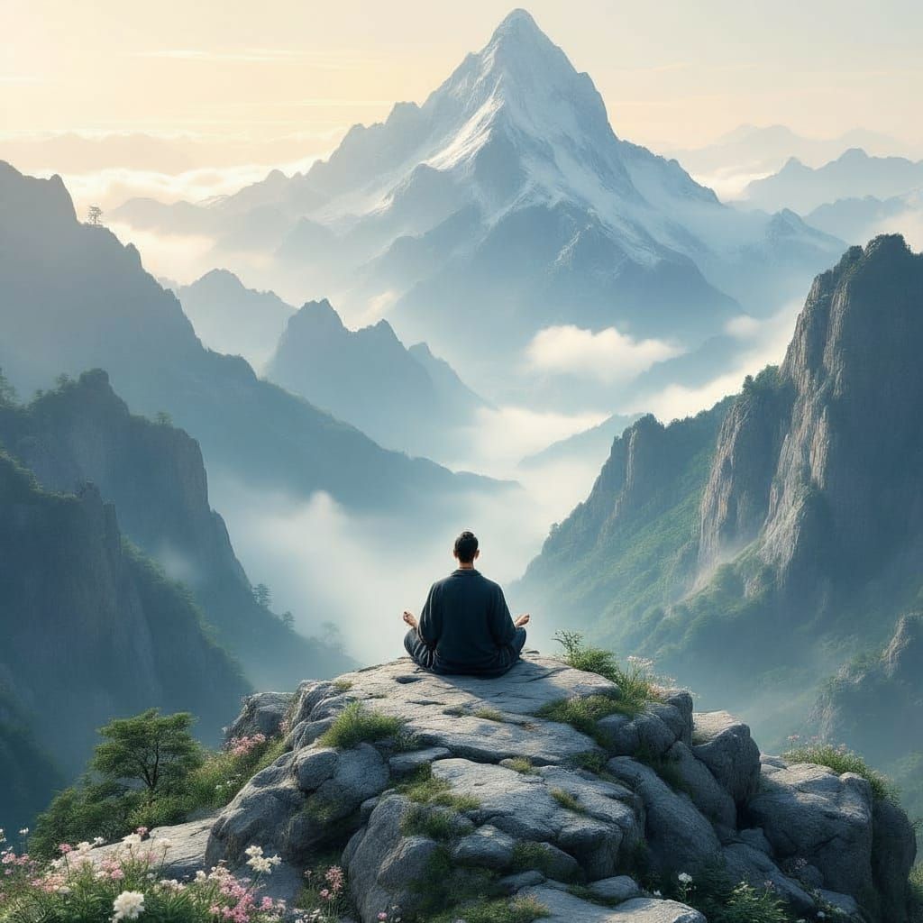 Zen Master Meditating on Spring Mountain Top