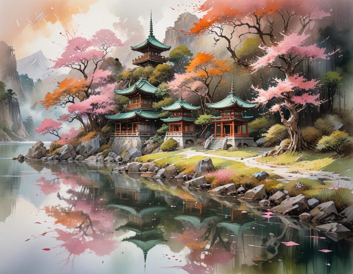 Tranquil Lake Scene with Pagoda in Watercolor Style