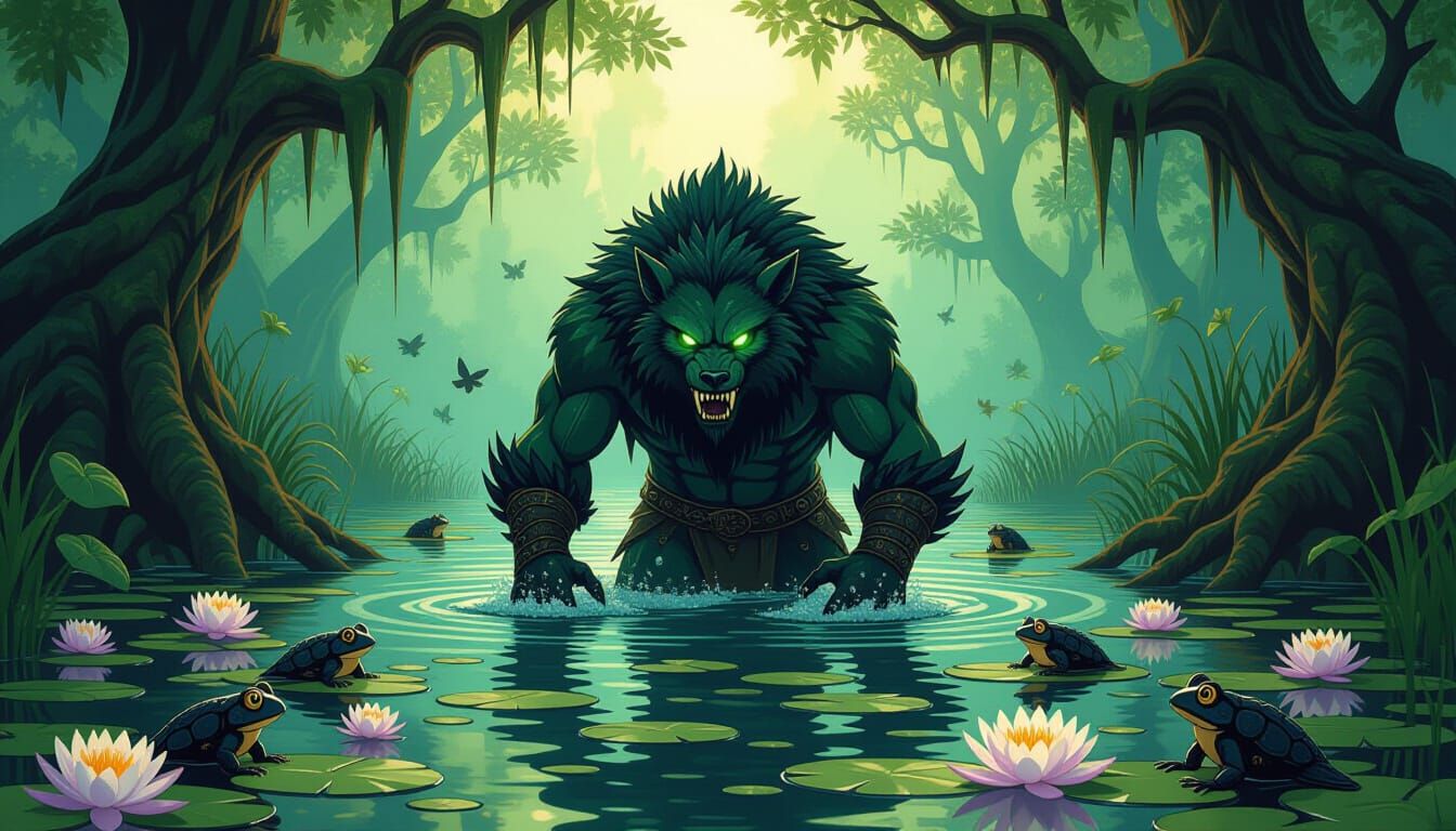 Faery-Werebeast Warrior in Mystical Swamp