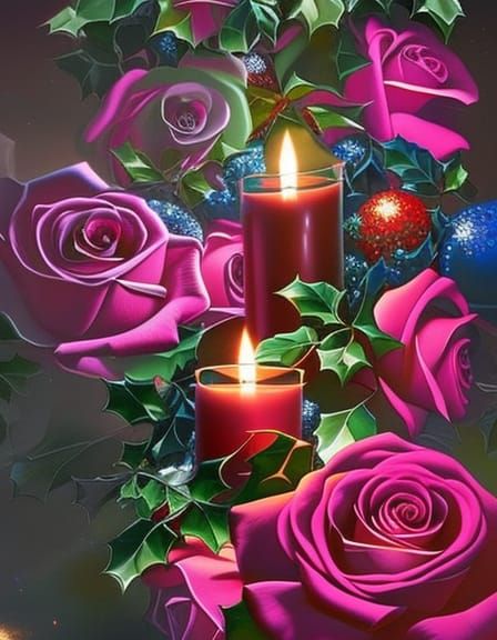 Christmas Candles and Holly in Oil Painting Style