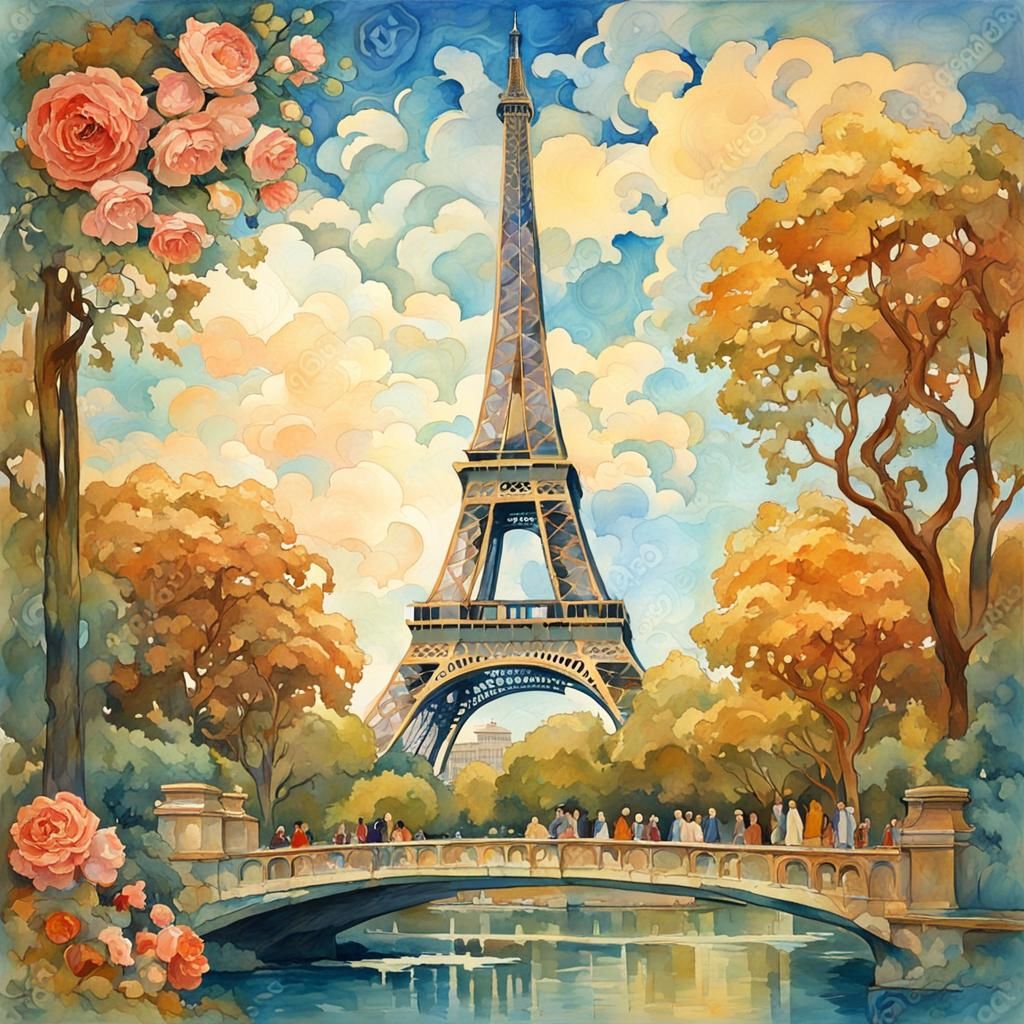 eiffel tower paris, art nouveau style, mucha style