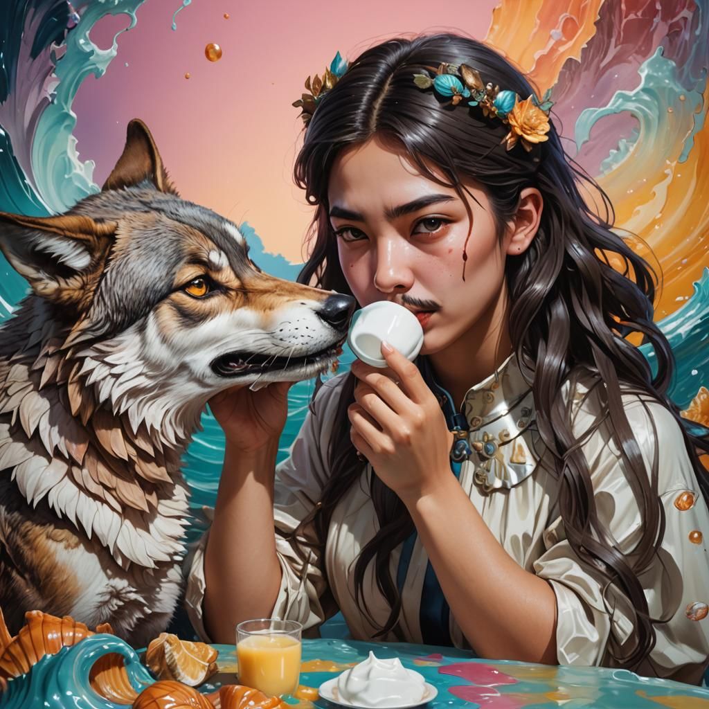 Girl in Shell with Wolf Drinking Milk