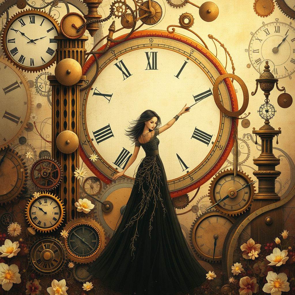 Steampunk Garden with Clockwork Woman in Dreamy Style