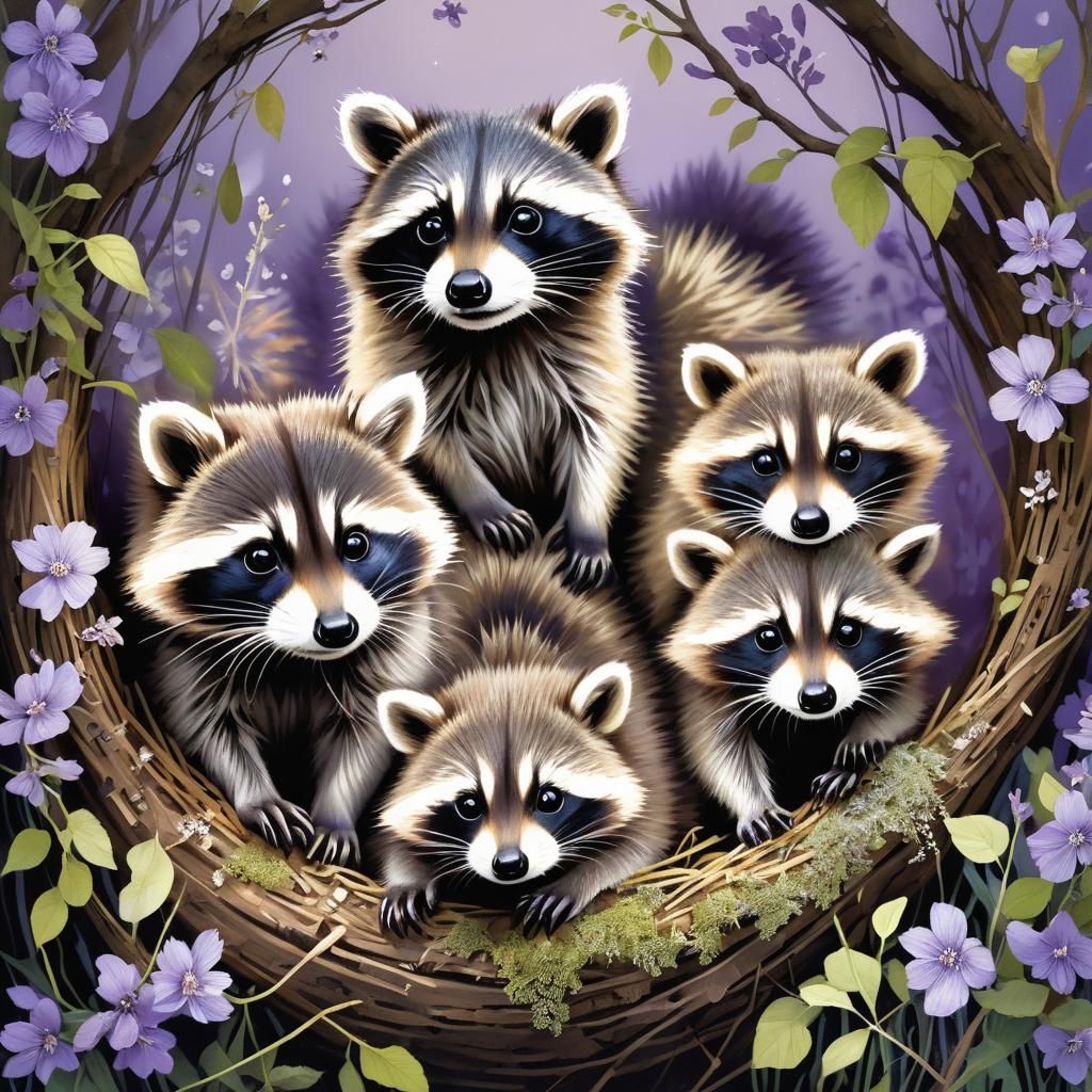 Baby Raccoons Discover the Violet Evening Light