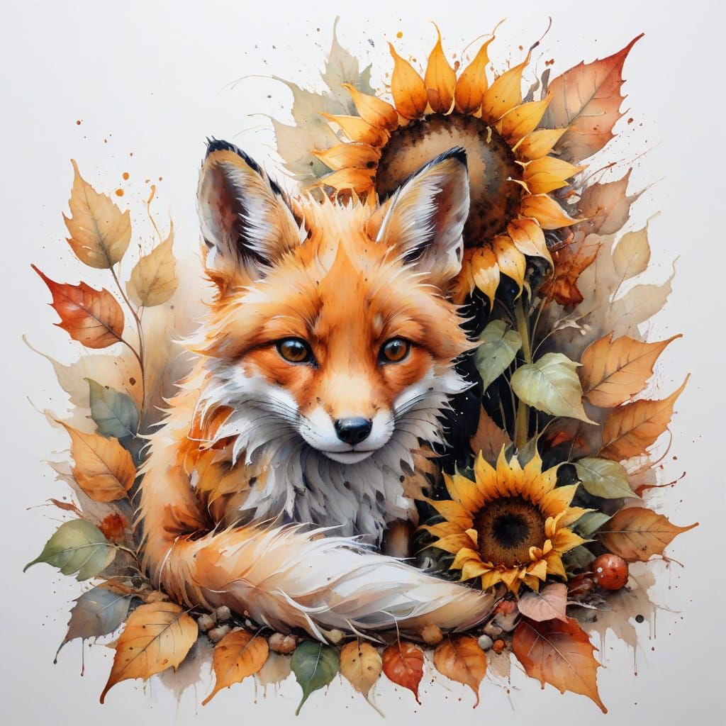 Baby Fox Nestled by Sunflower, Watercolour Autumn Scene