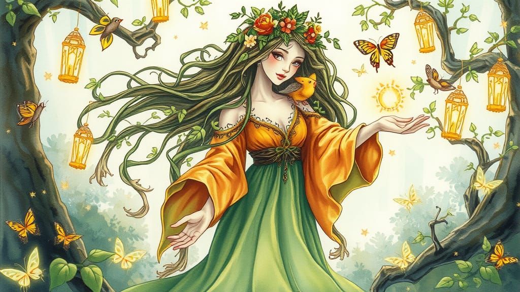 Enchanted Sorceress in Whimsical Watercolor Landscape