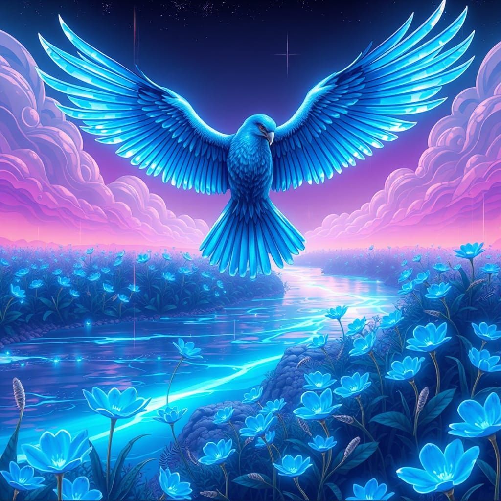 Blue Bird Soaring Above a Luminous River