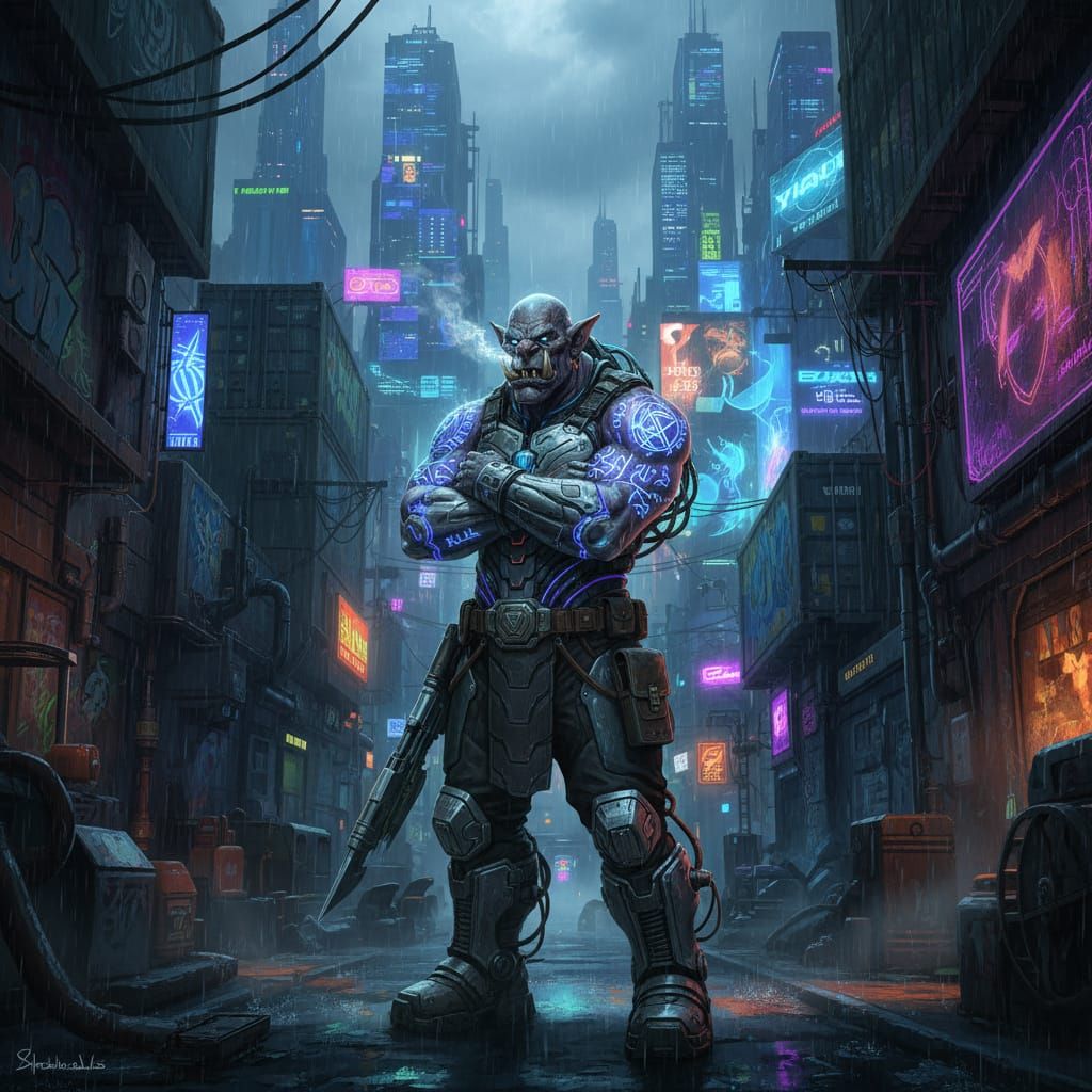 Cyberpunk Troll Mercenary in Neon Alleyway