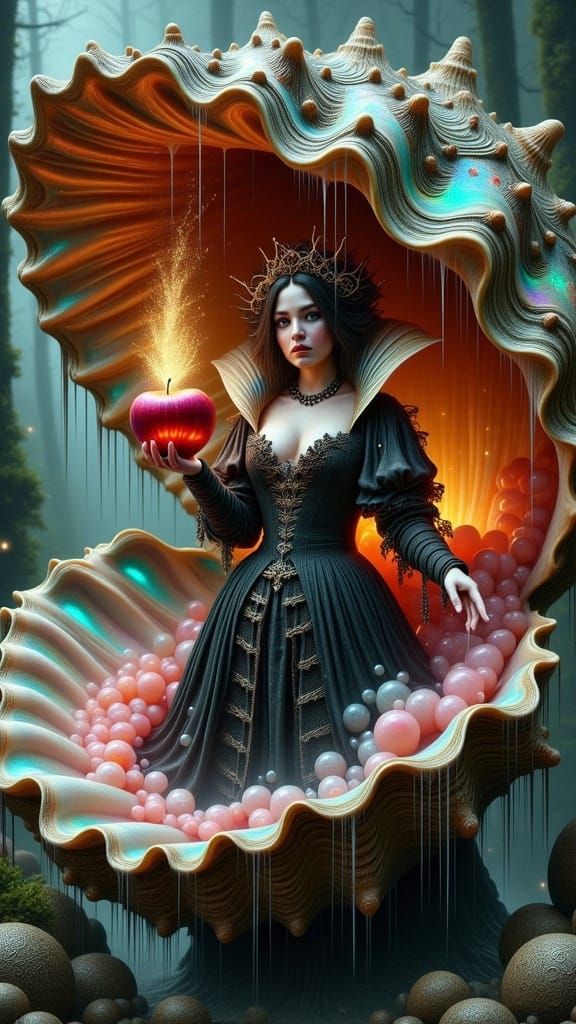 Surreal Gothic Snow White Emerges from Cosmic Seashell in Da...
