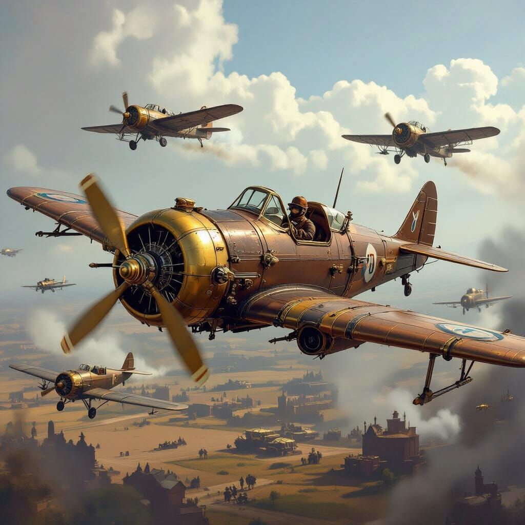 Steampunk Planes Over a WWI Battlefield
