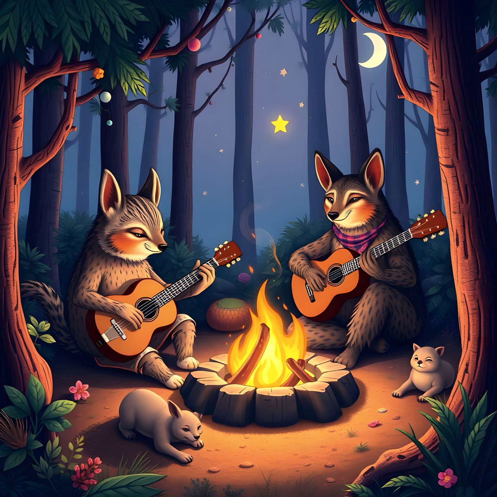 Whimsical Psychedelic Forest Scene with Retro Animals Playin...