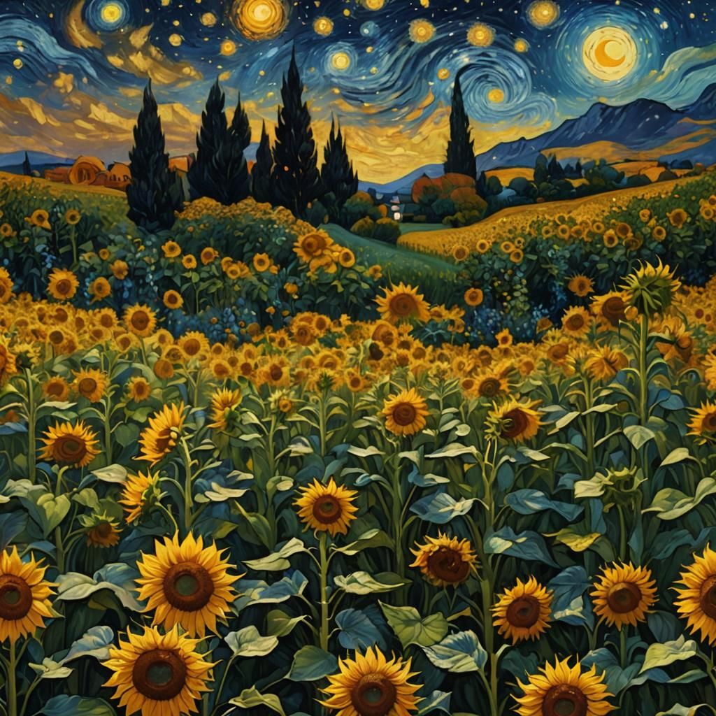 Starry Night Sky and Sunflower Field as Matte Painting