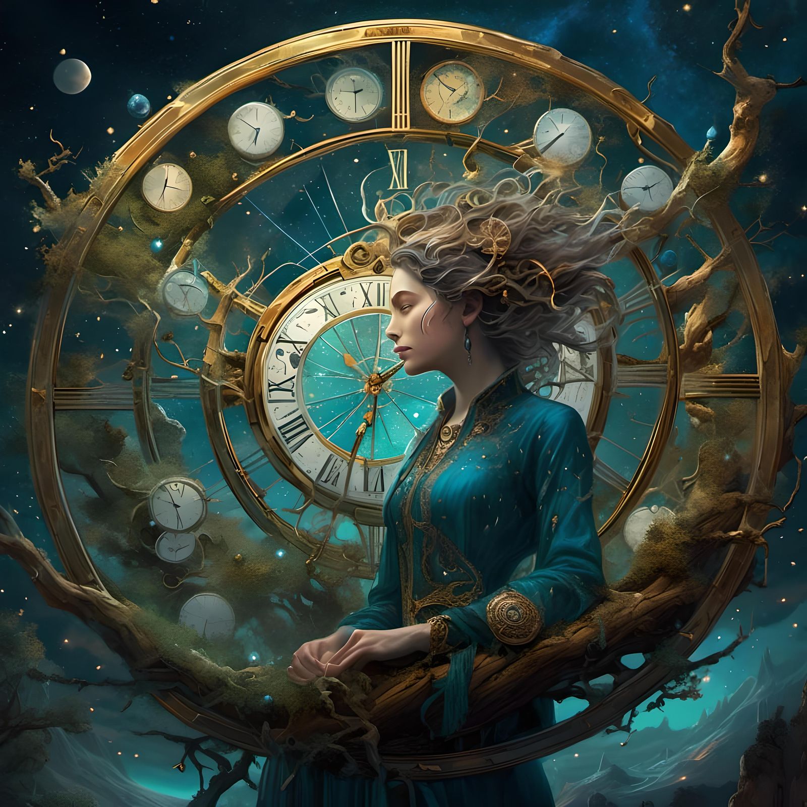 Celestial Witch with Cosmic Clock in Astral Landscape